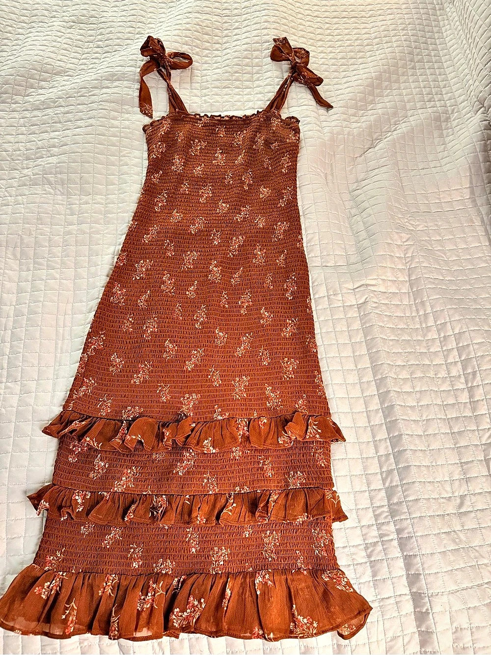 Abercrombie & Fitch Sydney Smocked Midi Dress Brown & Pink Medium